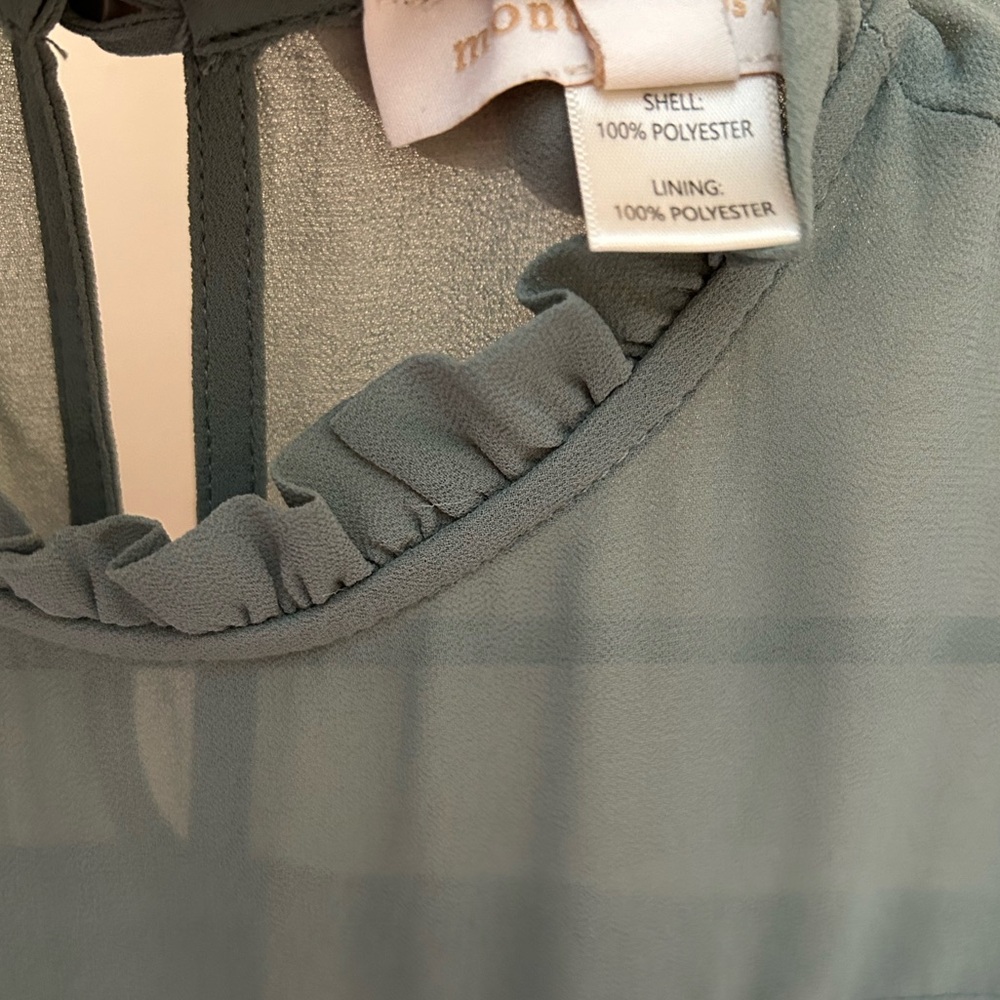 Monteau LA Sage Green Ruffle Sleeveless Blouse | Women S | Sheer Yoke Flowy Top - Picture 5 of 7